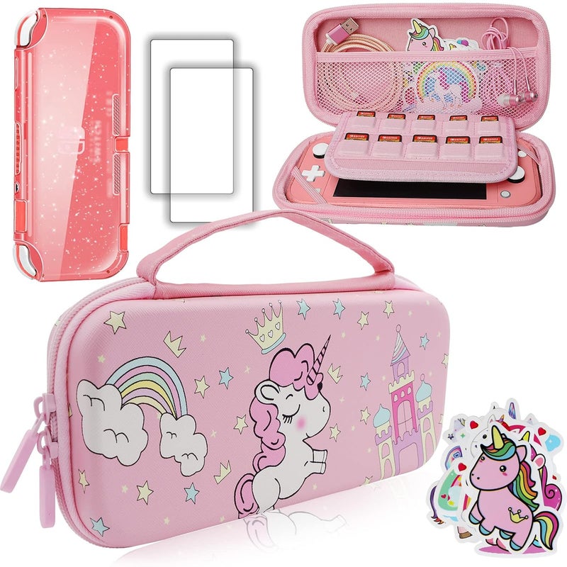 Trunple Pink Unicorn Carrying Case Compatible with Nintendo Switch Lite with Crystal Glitter Soft Protective Case Cover+Screen Protector+Stickers, Hard Storage Case Accessories Kit for Girls Birthday Gift - Image 1